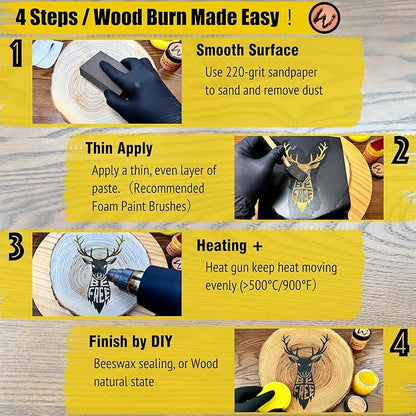 LAOBIAO Wood Burning Paste Beeswax Kit, 2 Jar Wood Burning Gel with 1 Jar Beeswax Paste, 2 Foam Paint Brushes and 2 Squeegees for DIY Arts and Crafting & Stencil Wood Burning