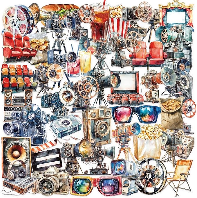 50 Pcs Vintage Movie Projector Stickers Clear Film Camera Retro Cinema Aesthetic Scrapbook Decals Waterproof PET Stickers for Journals Laptops Notebooks Art Crafts