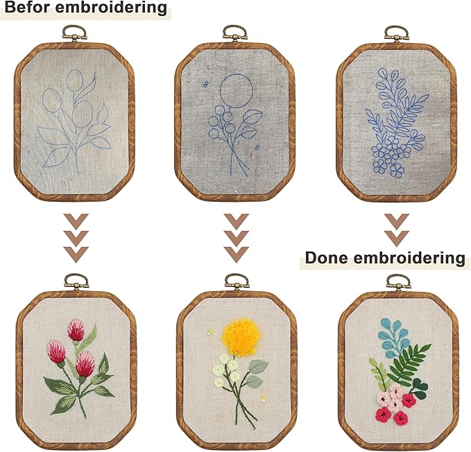 Maydear 3 Pack Embroidery Starter Kit with Pattern, Stamped Cross Stitch Kits for Beginners Adults with Embroidery Hoop and Instructions, Hand Embroidery Kit (B Set Embroidery Starter Kit)