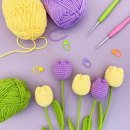 Lily's Lyric Flower Crochet Kit | Tulip Flowerpot | Step-by-Step Video Tutorial for Adults Teenagers | DIY Home Decoration Craft Gift Idea Purple&Yellow