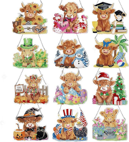 Cinnvoice 12 Pcs Seasonal Diamond Art Wreath Kits Holiday 5d DIY Diamond Art Hanging Signs Winter Spring Ornaments for Wall Door Decoration(Cow)