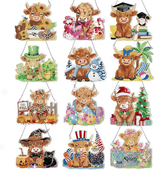 Cinnvoice 12 Pcs Seasonal Diamond Art Wreath Kits Holiday 5d DIY Diamond Art Hanging Signs Winter Spring Ornaments for Wall Door Decoration(Cow)