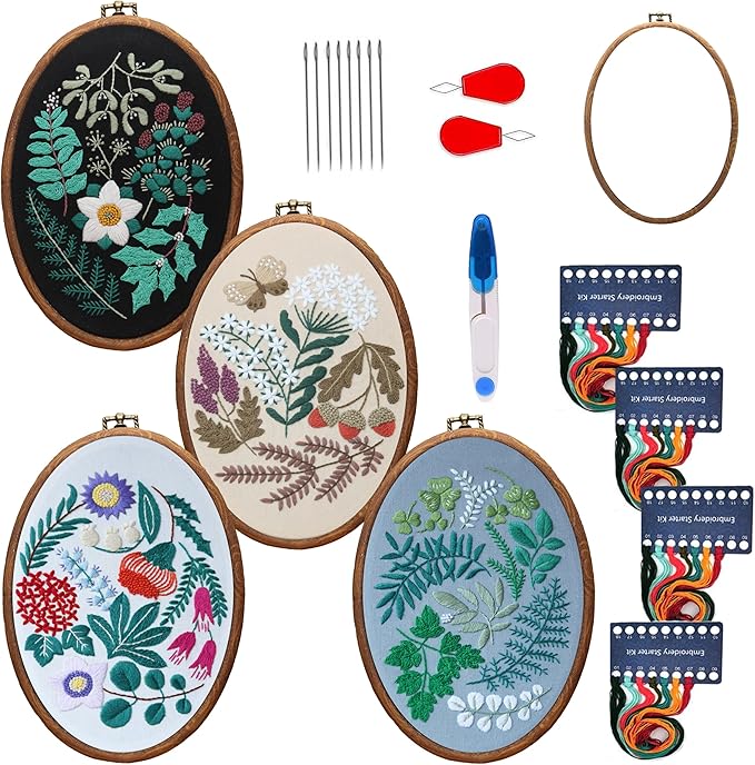Maydear 4 Pack Embroidery Starter Kit with Pattern, Stamped Cross Stitch Kits for Beginners Adults with Embroidery Hoop and Instructions, Hand Embroidery Kit Cross Stitch Kits Stamped