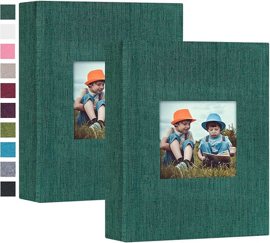 Mublalbum 2 Pack Small 4x6 Photo Album Linen Cover with Display Window Mini Picture Book Each Holds 52 Vertical Pockets for Artwork Postcards or Pictures Storage (Dark Green)