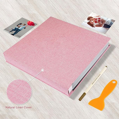 Photo Album Self Adhesive Pages Black Sticky Pages Large Scrapbook Linen Cover for 4x6 5x7 8x10 Pictures Album de Fotos Wedding Couples Baby Family Memory Book, 13.2x12.8 Pink 120 Pages