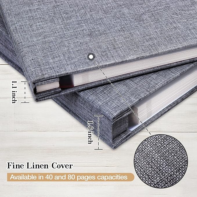 potricher 13.2x12.8 Inch Self Adhesive Photo Album Linen Cover 80 Pages Sticky 3x5 4x6 5x7 6x8 8x10 8.5x11 Magnetic DIY Scrapbook Photo Album with A Metallic Pen (Gray)