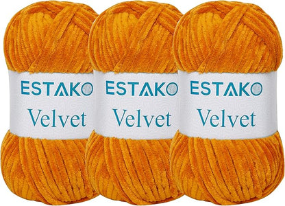 Estako Velvet (3- Skeins Pack) Chenille Blanket amigurumi Yarn for Crocheting and Knitting Super Bulky 3x100 gr (3x132 yds) (1730 - Mustard)