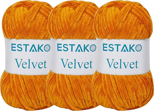 Estako Velvet (3- Skeins Pack) Chenille Blanket amigurumi Yarn for Crocheting and Knitting Super Bulky 3x100 gr (3x132 yds) (1730 - Mustard)