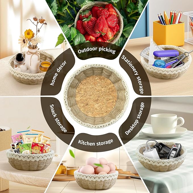 8 Sets Basket Weaving Craft Kit for Beginners,DIY Burlap Style Desk Storage Small Parts Candy Cookies Bowls,8 inches Plastic Base and 109yd Jute Twine and Cork Linings & Lace & Hot Glue Sticks