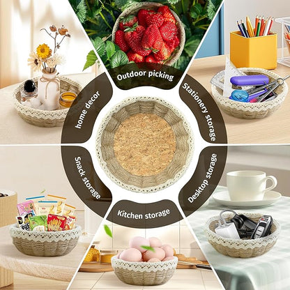 8 Sets Basket Weaving Craft Kit for Beginners,DIY Burlap Style Desk Storage Small Parts Candy Cookies Bowls,8 inches Plastic Base and 109yd Jute Twine and Cork Linings & Lace & Hot Glue Sticks