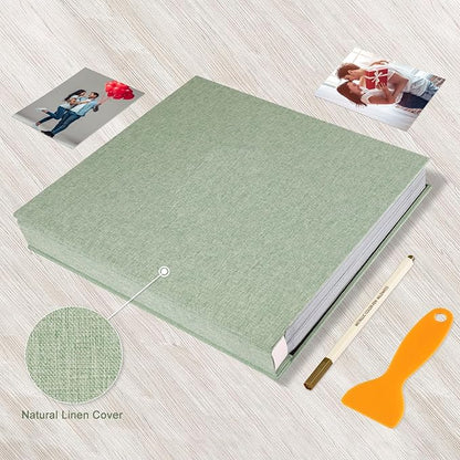Photo Album Self Adhesive Pages Black Sticky Pages Large Scrapbook Linen Cover for 4x6 5x7 8x10 Pictures Album de Fotos Wedding Couples Baby Family Memory Book, 13.2x12.8 Grass Green 120 Pages