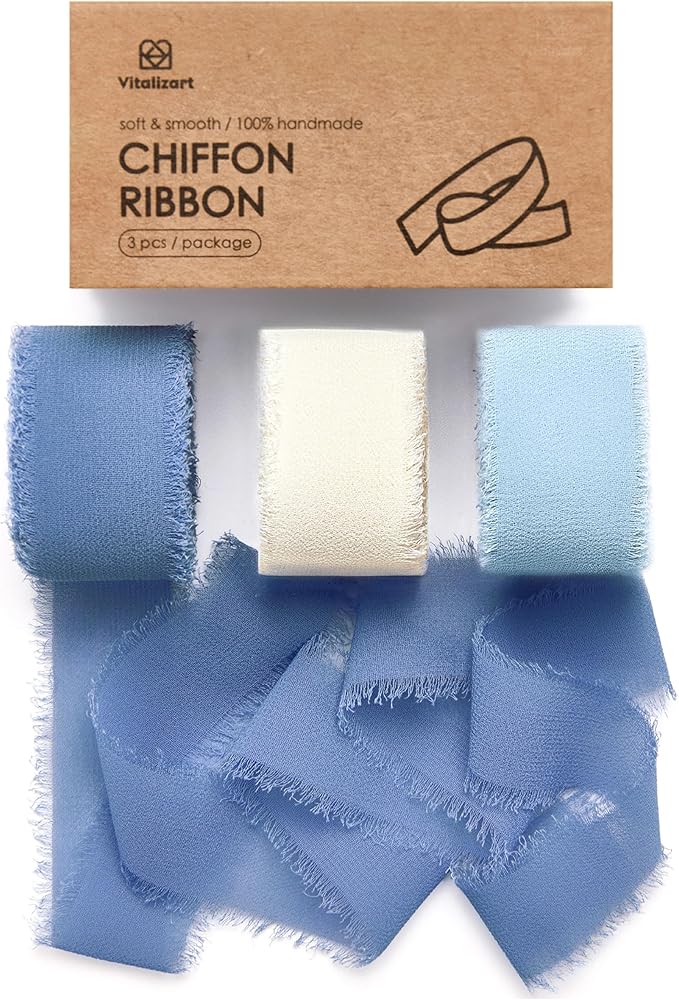 Vitalizart Dusty & Baby Blue Chiffon Silk Ribbon 1" x 21 Yd Fringe Fabric Package (3 Rolls * 7 Yd) for Wedding Invitations Bridal Bouquets Decorations Gifts Wrapping & Bow Making