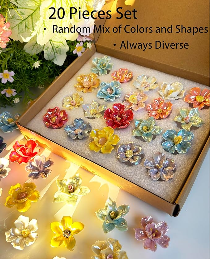 Lanyani Ceramic Flower Mosaic Tiles for Crafts, Sparkly Iridescent 3D Blossom Porcelain Glass Tile Pieces for Mosaic Art, 20 Pieces of Vibrant Color and Variety Design
