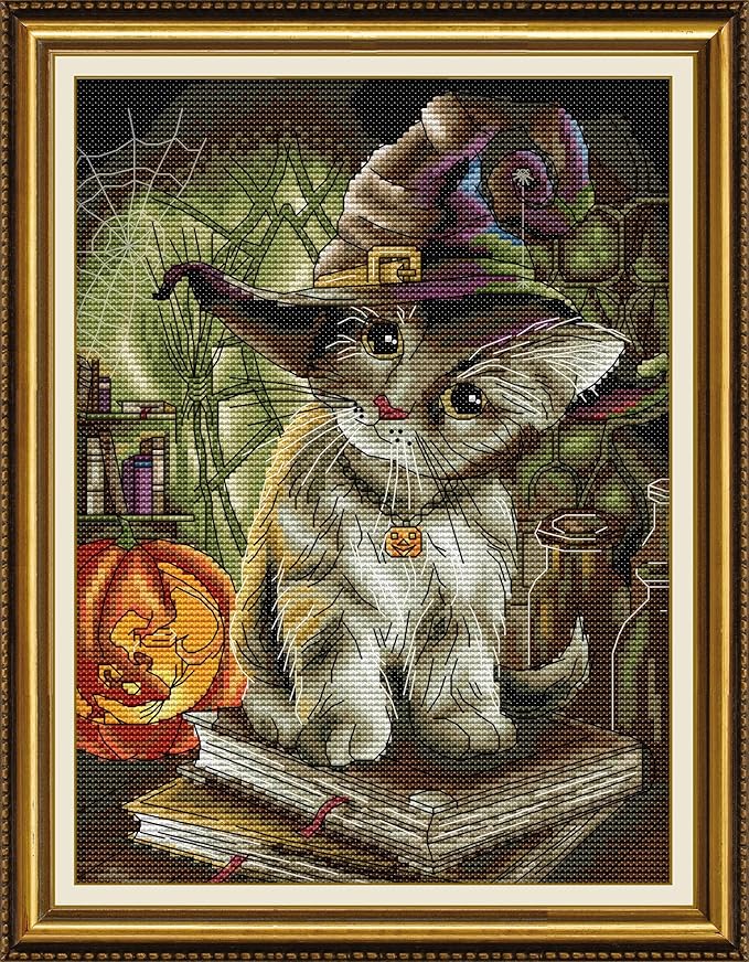 Maydiyer 11CT Stamped Cross Stitch Kits Pre-Printed Embroidery Kit,DMC Threads Needlework Sets for Girls -Cat Magician 12.6×15.7 inch