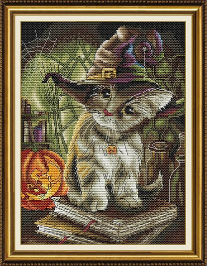 Maydiyer 11CT Stamped Cross Stitch Kits Pre-Printed Embroidery Kit,DMC Threads Needlework Sets for Girls -Cat Magician 12.6×15.7 inch