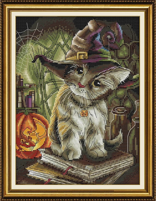 Maydiyer 11CT Stamped Cross Stitch Kits Pre-Printed Embroidery Kit,DMC Threads Needlework Sets for Girls -Cat Magician 12.6×15.7 inch