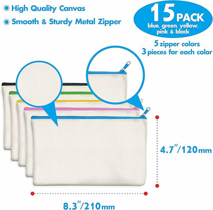 15 Pack Blank Cotton Canvas DIY Craft Zipper Bags Pouches Pencil Case for Makeup Cosmetic Toiletry Stationary Storage