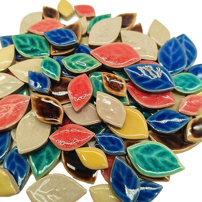 Glazed Ceramic Mosaic Tiles for Crafts, 1.1lb Leaf Petal Tiles for Mosaic Crafts, Assorted Porcelain Ceramic Tiles for Mosaic Making Kits Art Projects and Outdoor Decorations