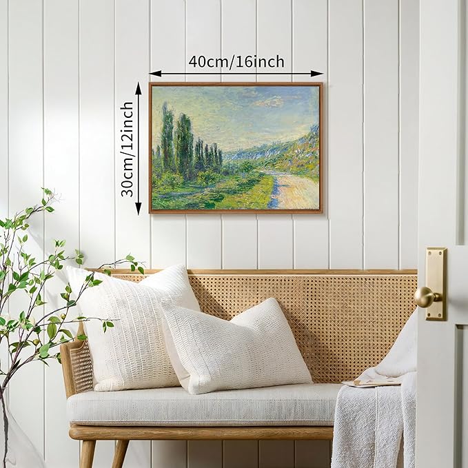 WENGTIAO Claude Monet Framed Canvas Wall Art Prints, Classic La Route De Vétheuil oil Painting Reproduction Retro Country Landscape Picture Wall Decor Artwork for Living Room Bedroom Office 12x16 inch