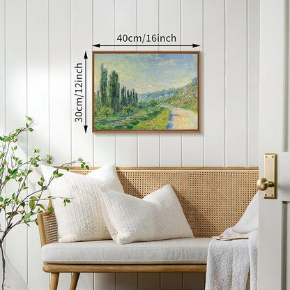 WENGTIAO Claude Monet Framed Canvas Wall Art Prints, Classic La Route De Vétheuil oil Painting Reproduction Retro Country Landscape Picture Wall Decor Artwork for Living Room Bedroom Office 12x16 inch