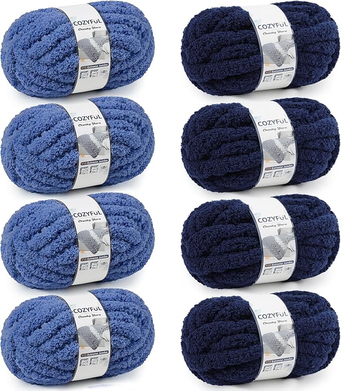 Chunky Yarn for Hand Knitting - #10 Chunky Chenille Yarn, Jumbo Big Thick Chunky Yarns for Crocheting, Super Bulky Chunky Knit Blanket Yarns, 8 Skein (25yd, 8oz/Skein), Country & Navy