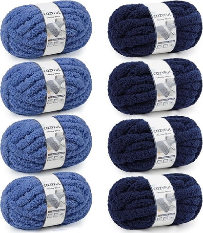 Chunky Yarn for Hand Knitting - #10 Chunky Chenille Yarn, Jumbo Big Thick Chunky Yarns for Crocheting, Super Bulky Chunky Knit Blanket Yarns, 8 Skein (25yd, 8oz/Skein), Country & Navy