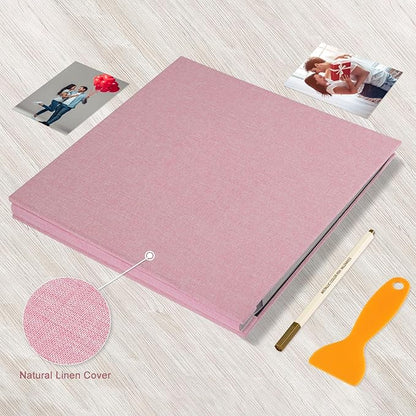 Photo Album Self Adhesive Pages Black Sticky Pages Large Scrapbook Linen Cover for 4x6 5x7 8x10 Pictures Album de Fotos Wedding Couples Baby Family Memory Book, 13.2x12.8 Pink 60 Pages
