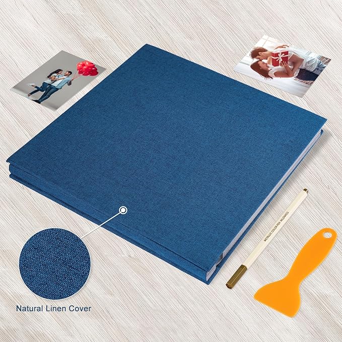 Photo Album Self Adhesive Pages Black Sticky Pages Large Scrapbook Linen Cover for 4x6 5x7 8x10 Pictures Album de Fotos Wedding Couples Baby Family Memory Book, 13.2x12.8 Blue 40 Pages