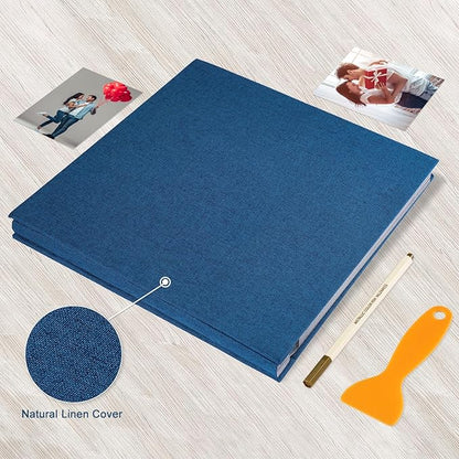 Photo Album Self Adhesive Pages Black Sticky Pages Large Scrapbook Linen Cover for 4x6 5x7 8x10 Pictures Album de Fotos Wedding Couples Baby Family Memory Book, 11x10.6 Blue 60 Pages