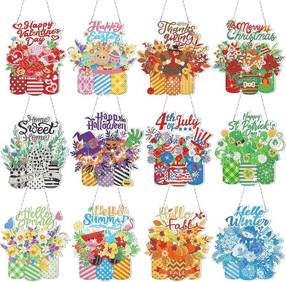 Cinnvoice 12 Pcs Seasonal Diamond Art Wreath Kits Holiday 5d DIY Diamond Art Hanging Signs Winter Spring Ornaments for Wall Door Decoration(Mason Jar)