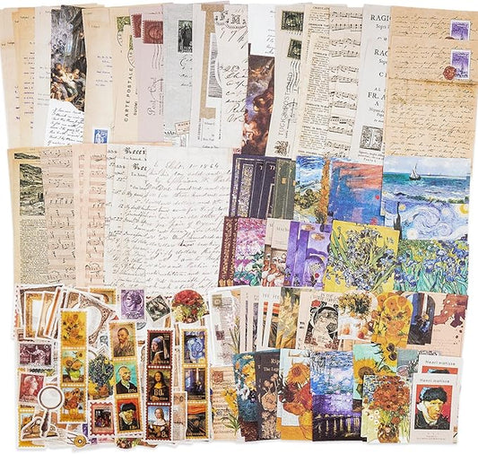 Knaid Vintage Scrapbook Supplies Pack (200 Pieces) for Junk Journal Bullet Journals Planners Aesthetic Paper Stickers Craft Kits Cottagecore Collage Album (Artistic)