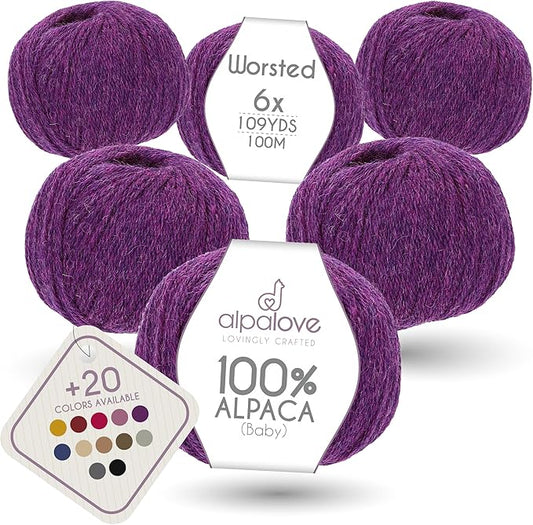 Worsted Set (6 x 1.75 oz) Super Soft Baby Alpaca Knitting Yarn Berry 656 Yards