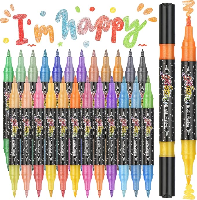 ZSCM 48 Colors Duo Glitter Brush Markers, 24 Pack Stocking Stuffers, Metallic Sparkle Markers for Doodle Writing, Glitter Art Crafts Gifts Trendy Stuff Christmas Stocking Stuffers