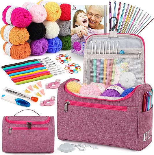 Aeelike Crochet Kit for Beginners Young and Old, First Crochet Kit for Adults Include 23pcs Crocheting Hooks, 655 Yards Yarn Set, Instruction, Bag, Crocheting Accessories and Supplies, Pink