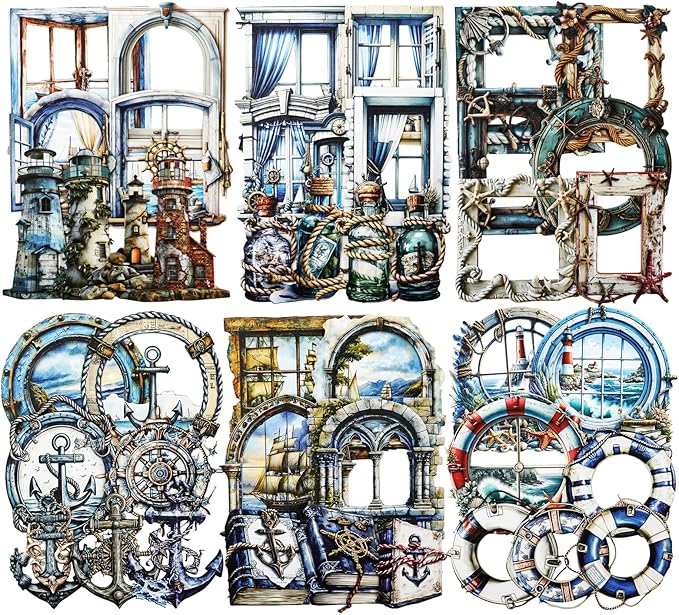 AuriicLeaf Nautical Scrapbook Stickers Set – 60PCS Vintage Maritime-Themed Cardstock Stickers, Adhesive Die-Cuts for Journals, Crafts, Gift Tags, DIY Decor
