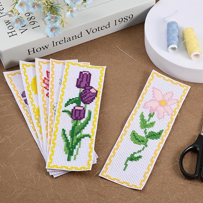 FREEBLOSS 6 Set Cross Stitch Bookmark Kit - Vivid Flowers Designed Stamped Embroidery Bookmark with Instruction - Cross Stitch Kits for Adults - 8''x2.4''