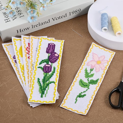 FREEBLOSS 6 Set Cross Stitch Bookmark Kit - Vivid Flowers Designed Stamped Embroidery Bookmark with Instruction - Cross Stitch Kits for Adults - 8''x2.4''