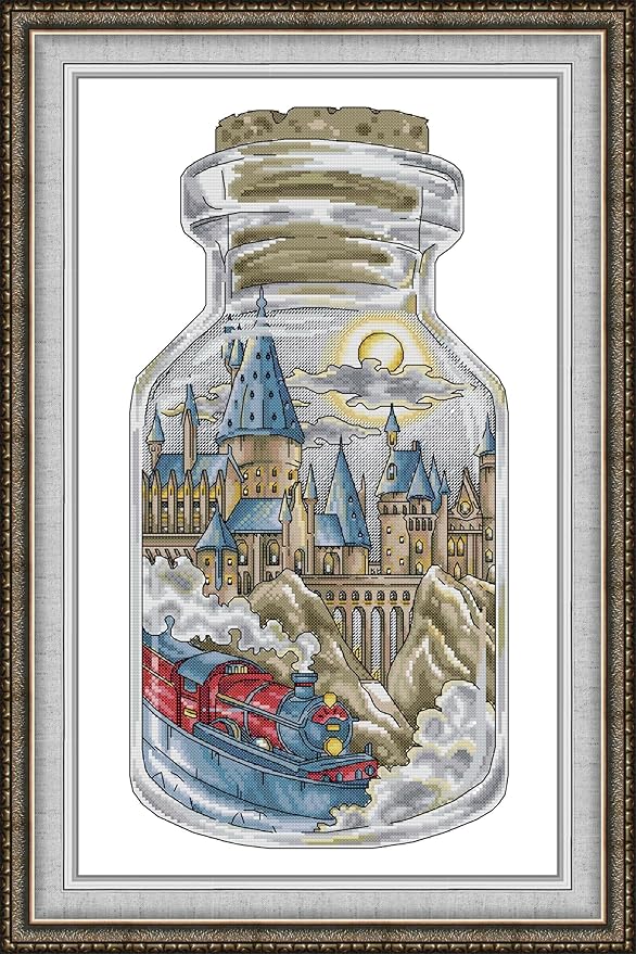 CrossNest 14CT Counted Cross Stitch Kit for Beginners, Unprinted Complete DIY Embroidery Set with Pattern & Tools, Premium Aida Cloth & Threads (The Magic School in The Bottle)