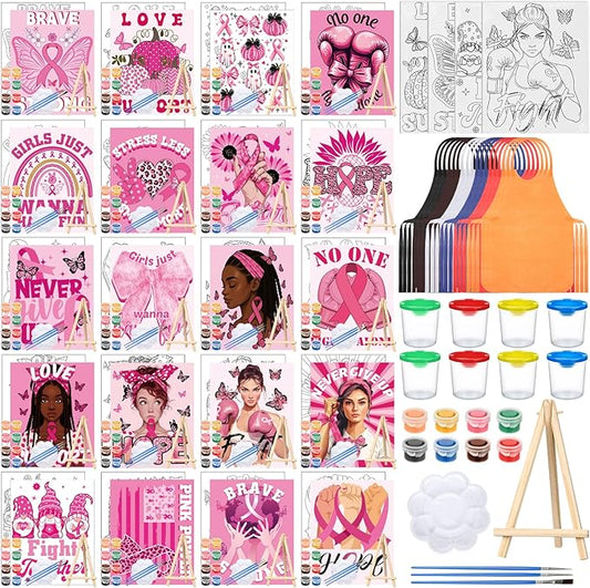 Sherr 140 Pcs 20 Set Pre Drawn Canvas Kit for Painting Craft Sip and Paint Kit for Adults Pre Printed Canvas Painting Favor for Virtual DIY Birthday Gifts Adult's Date Party(Breast Cancer Awareness)