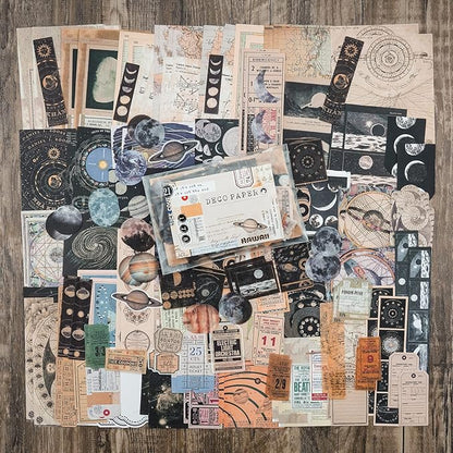 Knaid Vintage Scrapbook Supplies Pack (200 Pieces) for Witchy Junk Journal Bullet Journals Planners Space Moon Paper Stickers Craft Kits Collage (Celestial)