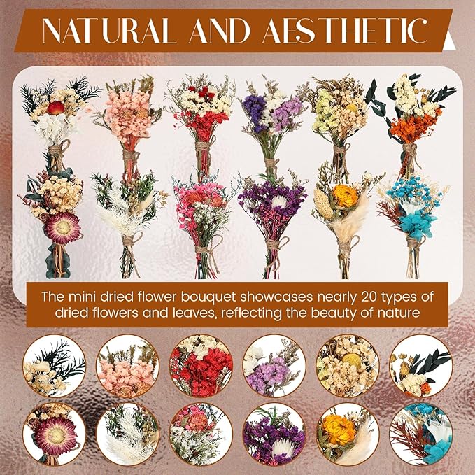 Layhit 24 Pcs Boho Dried Flower Bouquet Mini Wedding Handmade Dry Flowers Decor for Vase Crafts DIY Photo Boutonniere for Men Floral Plant for Bridesmaid Gift Birthday Decor(Colorful)