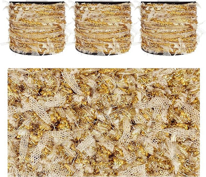 Artisanal Yarn Collection Multifiber Fancy Yarn with Golden Shimmering Threads for Knitting Crocheting Crafts DIY, Set of 3 Rolls (Royal Gold)