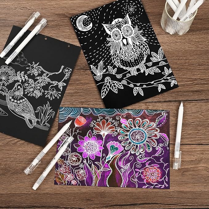 GETHPEN White Gel Pens,0.6/1.0mm Fine Point Gel Ink Pens,Opaque White Ink Pens for Black Paper Drawing, Sketching, Illustration, Card Making, Bullet Journaling,Pack of 6