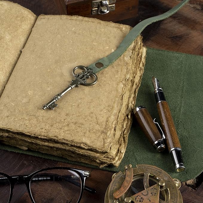NomadCraftsCo. Vintage Leather Journal - Antique Handmade Deckle Edge Vintage Paper Leather Bound Journal - Book of Shadows Journal - Leather Sketchbook - Drawing Journal - Great Gift (Green, 9"x6")