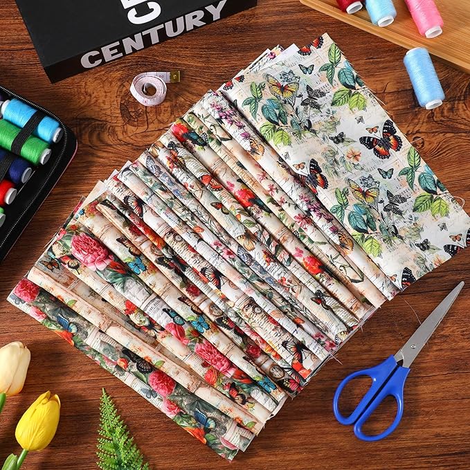 20PCS 10''x10'' Vintage Butterfly Quilting Fabric Square - Multicolor Butterfly Fabric for DIY Crafts