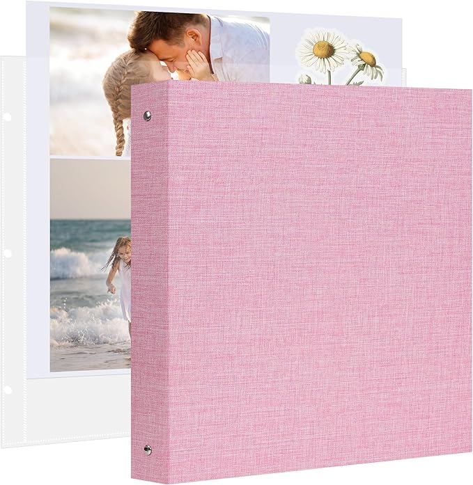Remowith Large Scrapbook Album with 50 Sheets Plastic Sleeves and Scrap Book Paper 8.5x11 Inch, Linen Cover 3 Ring Photo album Scrapbooks for Wedding Baby Famliy Memory Pink