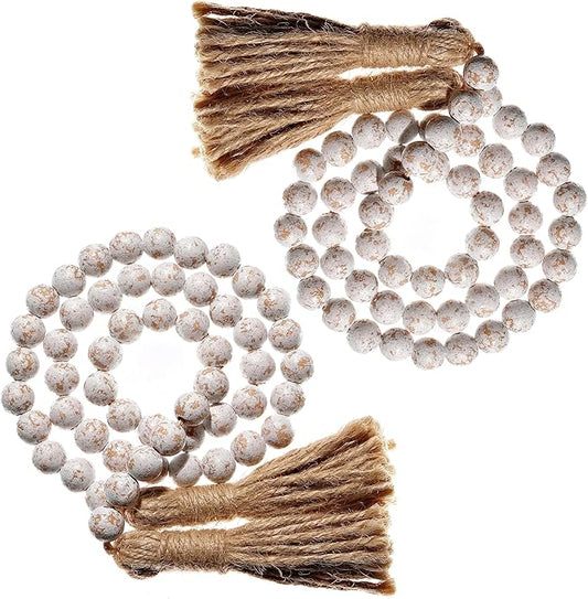 Farmhouse Wood Bead Garland Set of 2 with Tassels - Decorative Home Boho Beads