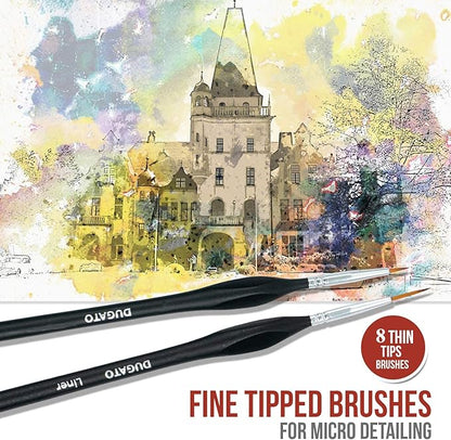 DUGATO Fine Detail Paint Brush Set - Miniature Brushes with Ergonomic Triangular Handles & Travel Case for Acrylic, Watercolor, Oil, Models & Warhammer (8pcs Detailing Paint Brush - Black)