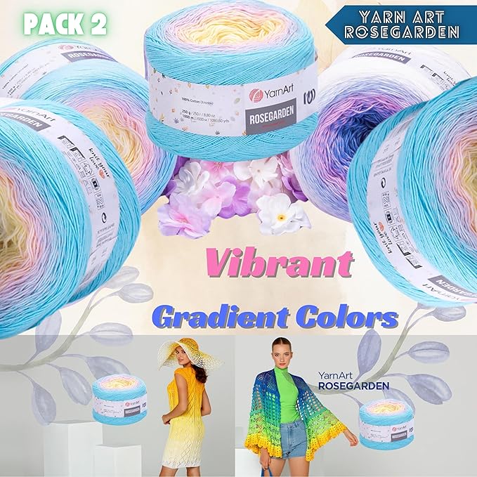 2 Skein Yarn Art Rosegarden Yarn 100% Cotton 2x1094yards 2x250gr Multicolor Cotton Yarn Rainbow Crochet Yarn Spring Summer Fine 1 Top 5 Most Used Colors (Rosegarden 311)