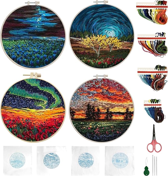 Maydear 4 Pack Embroidery Starter Kit with Pattern, Stamped Cross Stitch Kits for Beginners Adults with Embroidery Hoop and Instructions, Hand Embroidery Kit (Embroidery kit flower2)